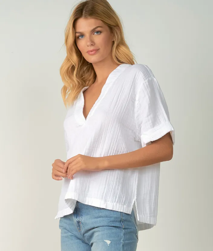 Elan Short Sleeve White Cotton Gauze V-neck Top