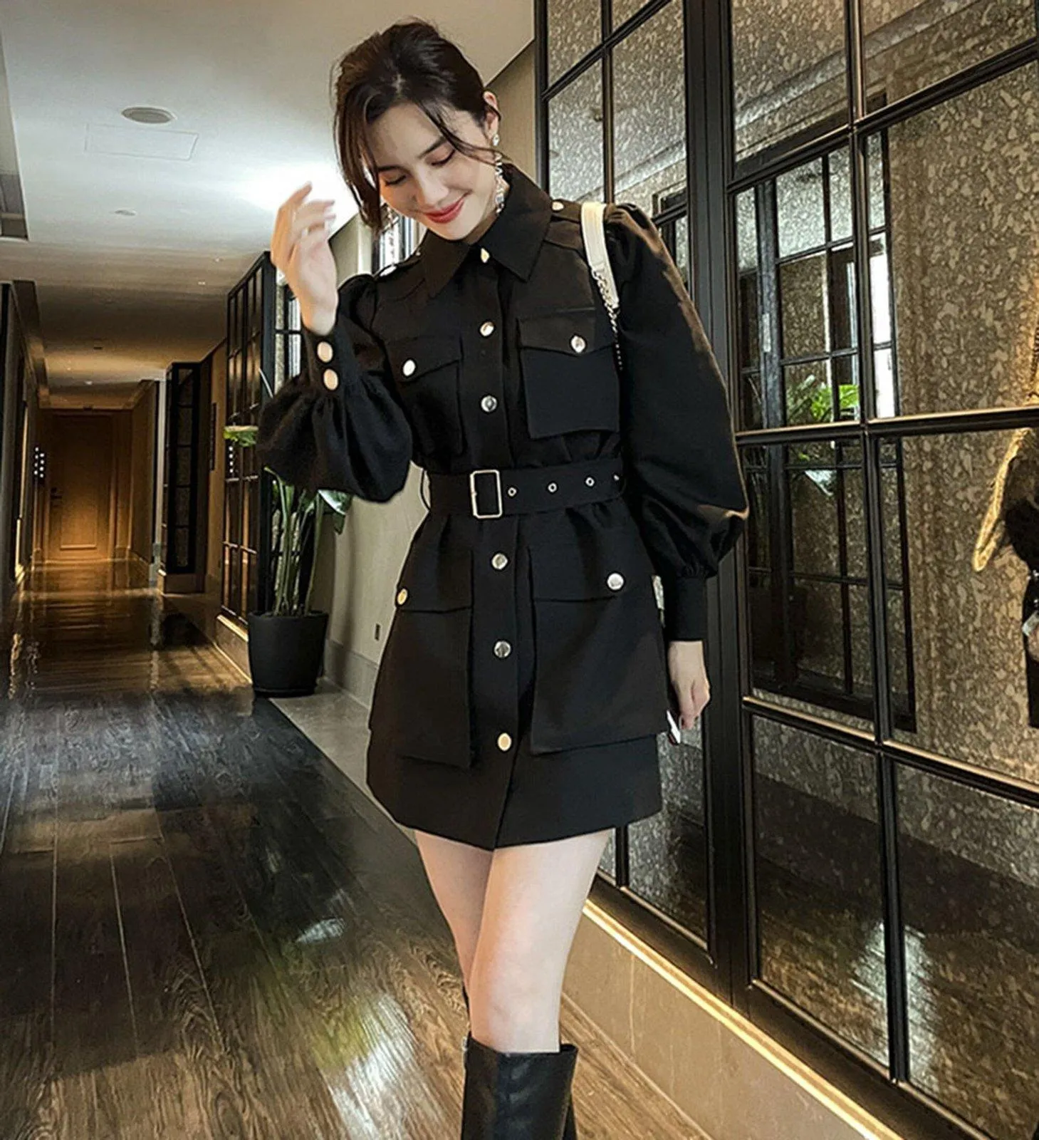 Epaulet Belted Puff Sleeve Flap Pocket Jacket