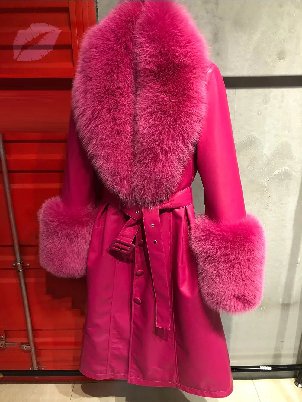 Faux Fur Genuine Leather Coat in Pink