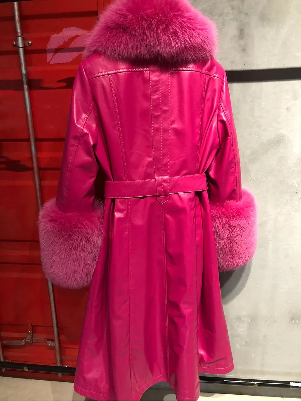 Faux Fur Genuine Leather Coat in Pink