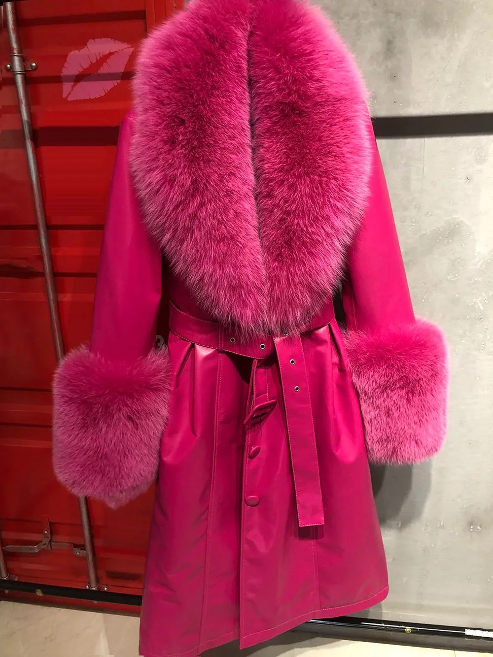 Faux Fur Genuine Leather Coat in Pink