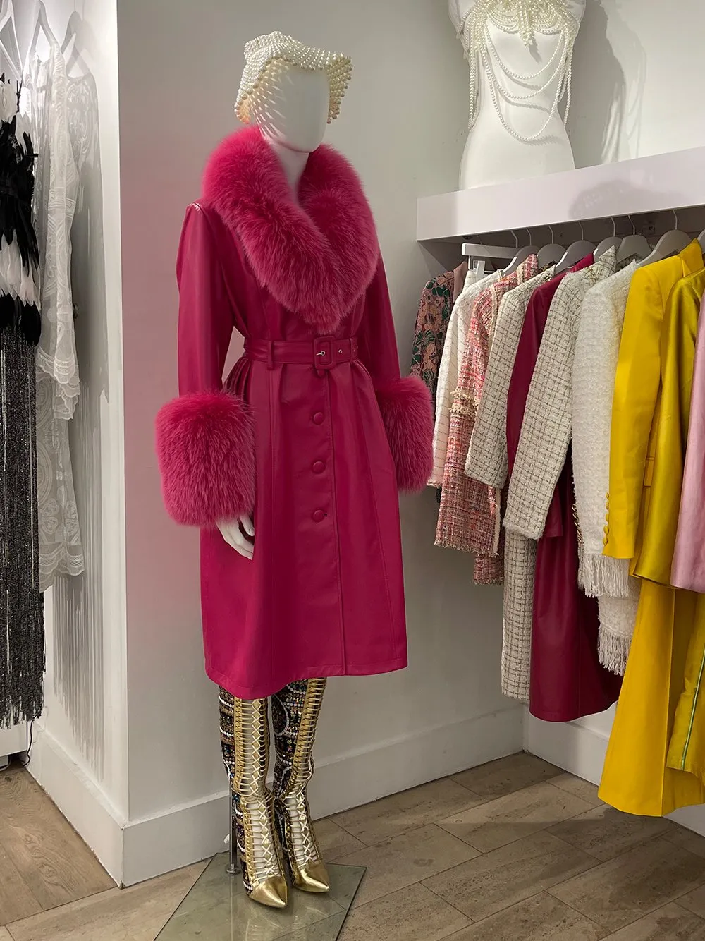 Faux Fur Genuine Leather Coat in Pink