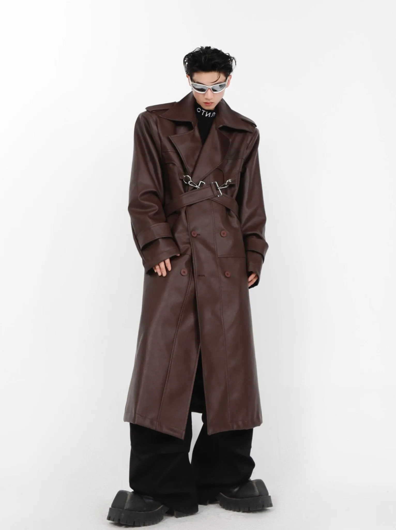 Faux Leather Shoulder-Pad Overcoat | Dual-Layer Zip Design Trench