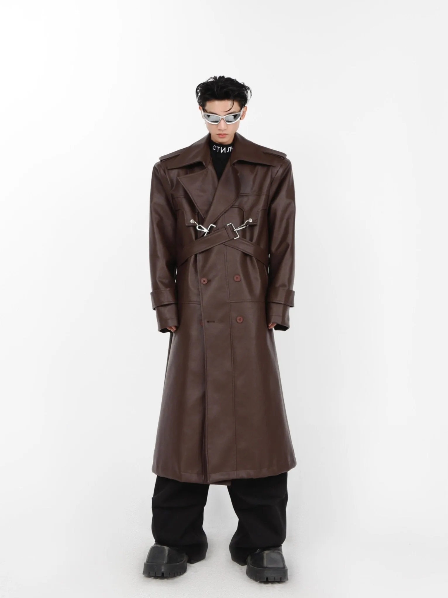 Faux Leather Shoulder-Pad Overcoat | Dual-Layer Zip Design Trench