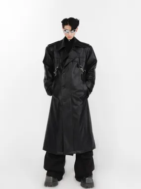 Faux Leather Shoulder-Pad Overcoat | Dual-Layer Zip Design Trench