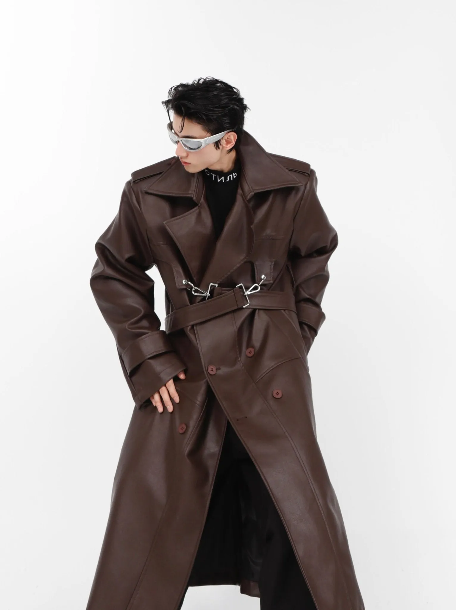 Faux Leather Shoulder-Pad Overcoat | Dual-Layer Zip Design Trench