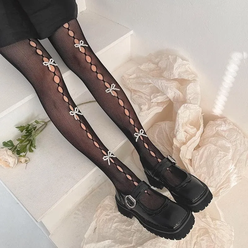 Fishnet hollow out faux pearl bowknot tights