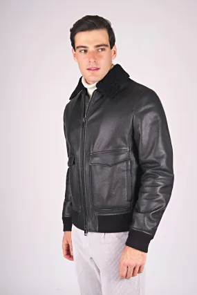 Full-Grain Leather Aviator Jacket with Shearling Lining