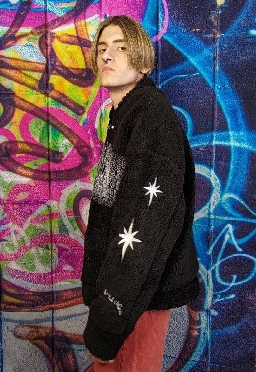 Graffiti fleece varsity jacket fluffy punk bomber coat black