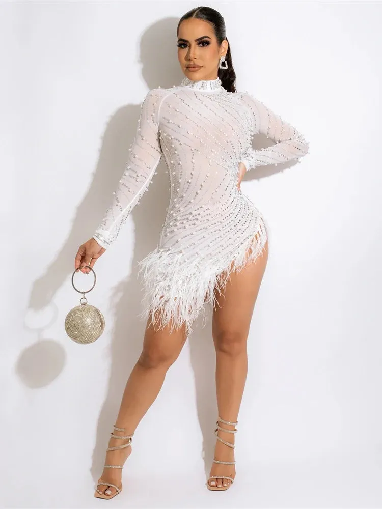 iDress Sexy Pearls Rhinestone Party Dresses Women Elegant Nightclub Feather Birthday Dress Long Sleeve Mesh Sheer Bodycon Dress