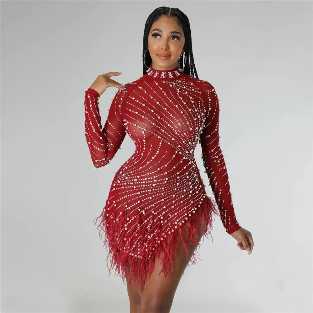 iDress Sexy Pearls Rhinestone Party Dresses Women Elegant Nightclub Feather Birthday Dress Long Sleeve Mesh Sheer Bodycon Dress