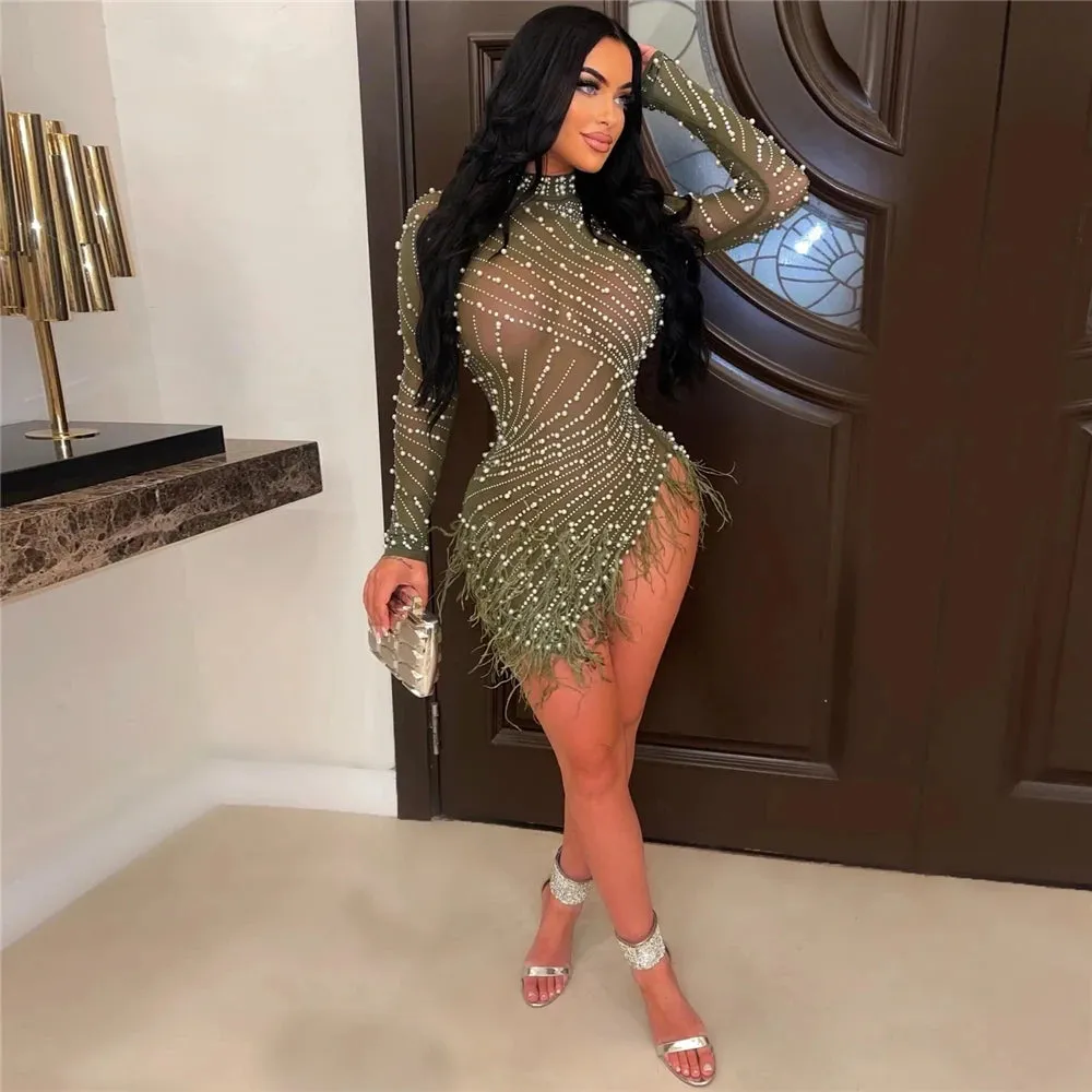 iDress Sexy Pearls Rhinestone Party Dresses Women Elegant Nightclub Feather Birthday Dress Long Sleeve Mesh Sheer Bodycon Dress