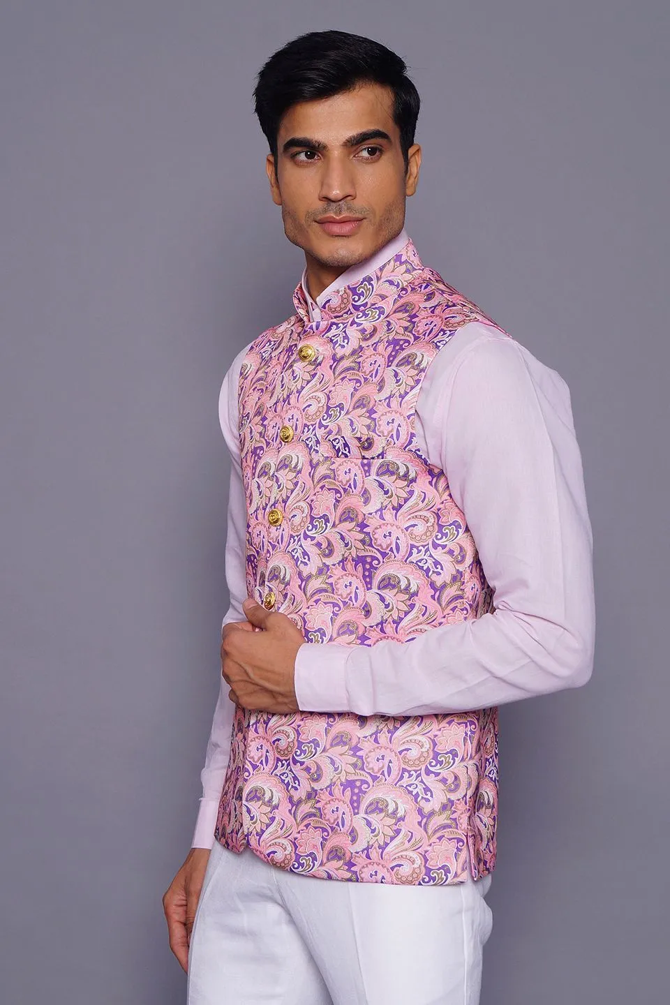 Imported Rayon Printed Pink Modi Nehru Jacket