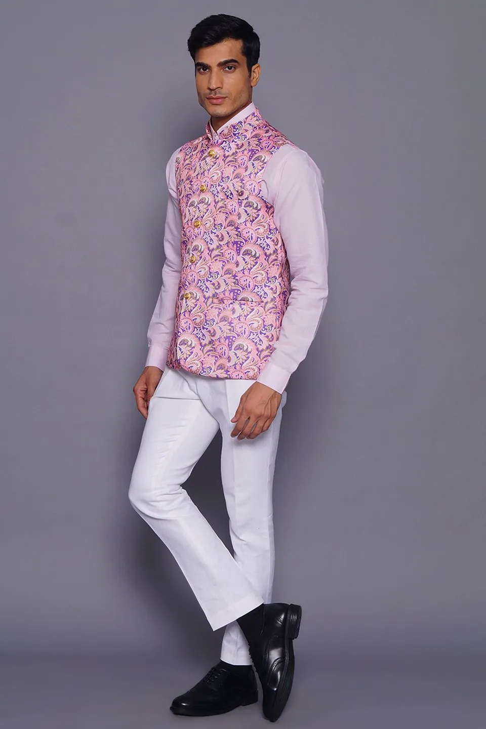 Imported Rayon Printed Pink Modi Nehru Jacket