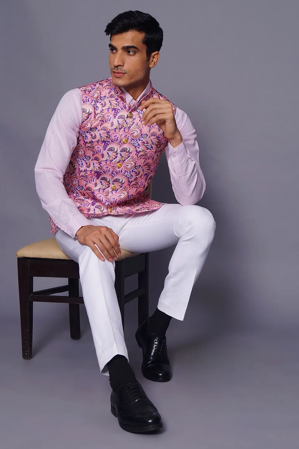 Imported Rayon Printed Pink Modi Nehru Jacket