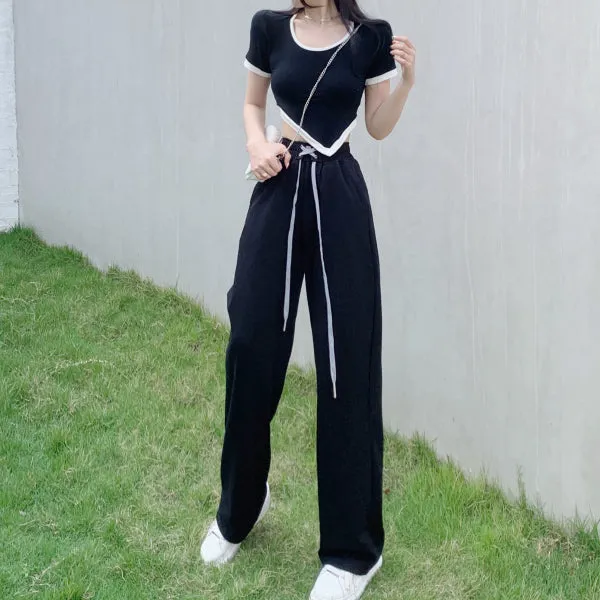 Irregular Short Sleeve T-Shirt High Waist Tie Pants Suit