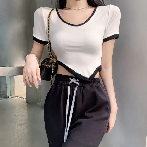 Irregular Short Sleeve T-Shirt High Waist Tie Pants Suit