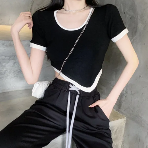 Irregular Short Sleeve T-Shirt High Waist Tie Pants Suit