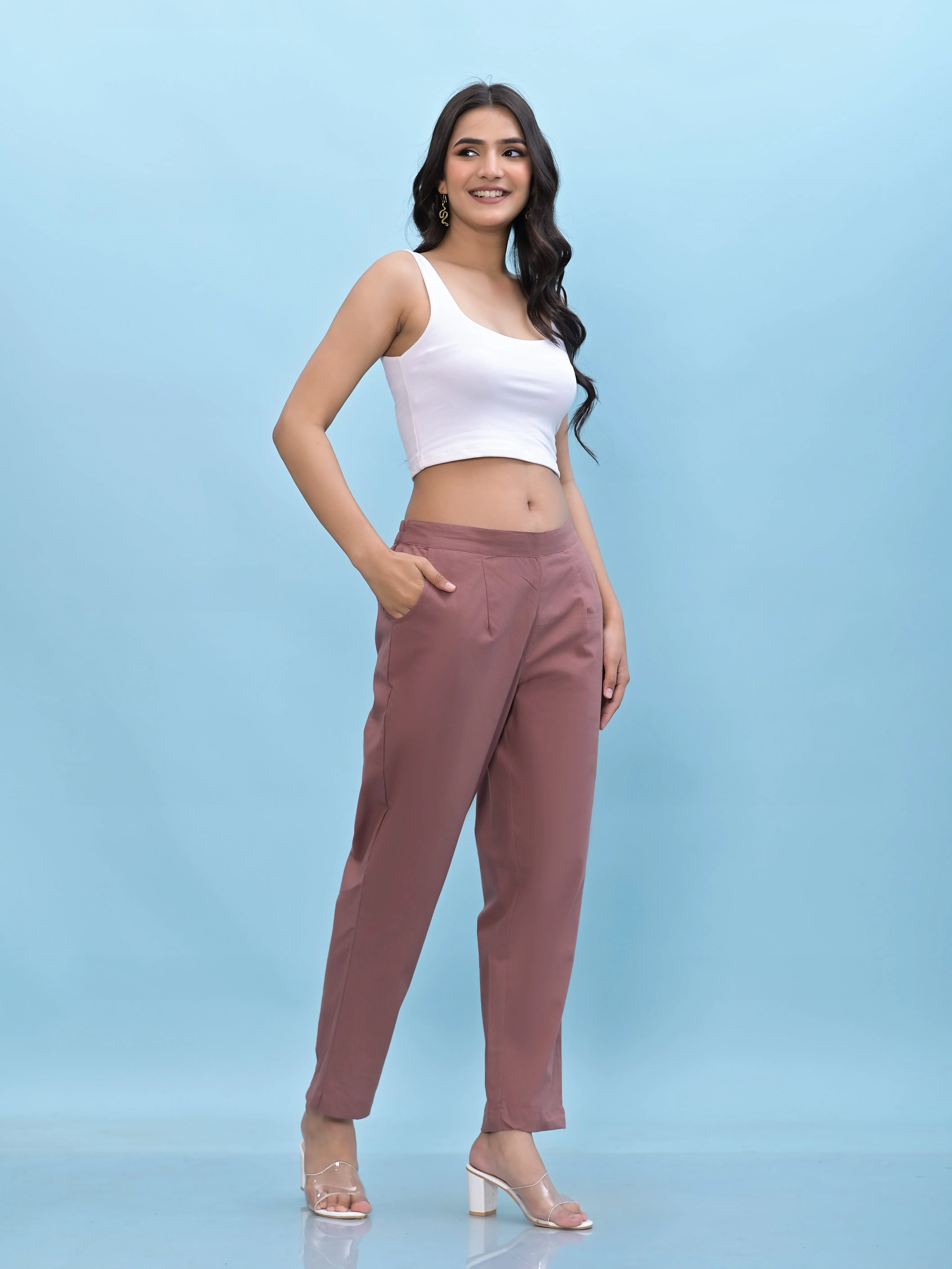 Jashvi Jashvi Women Mauve Solid Cotton Pants with Partially Elasticated Waistband and Two Side Pockets