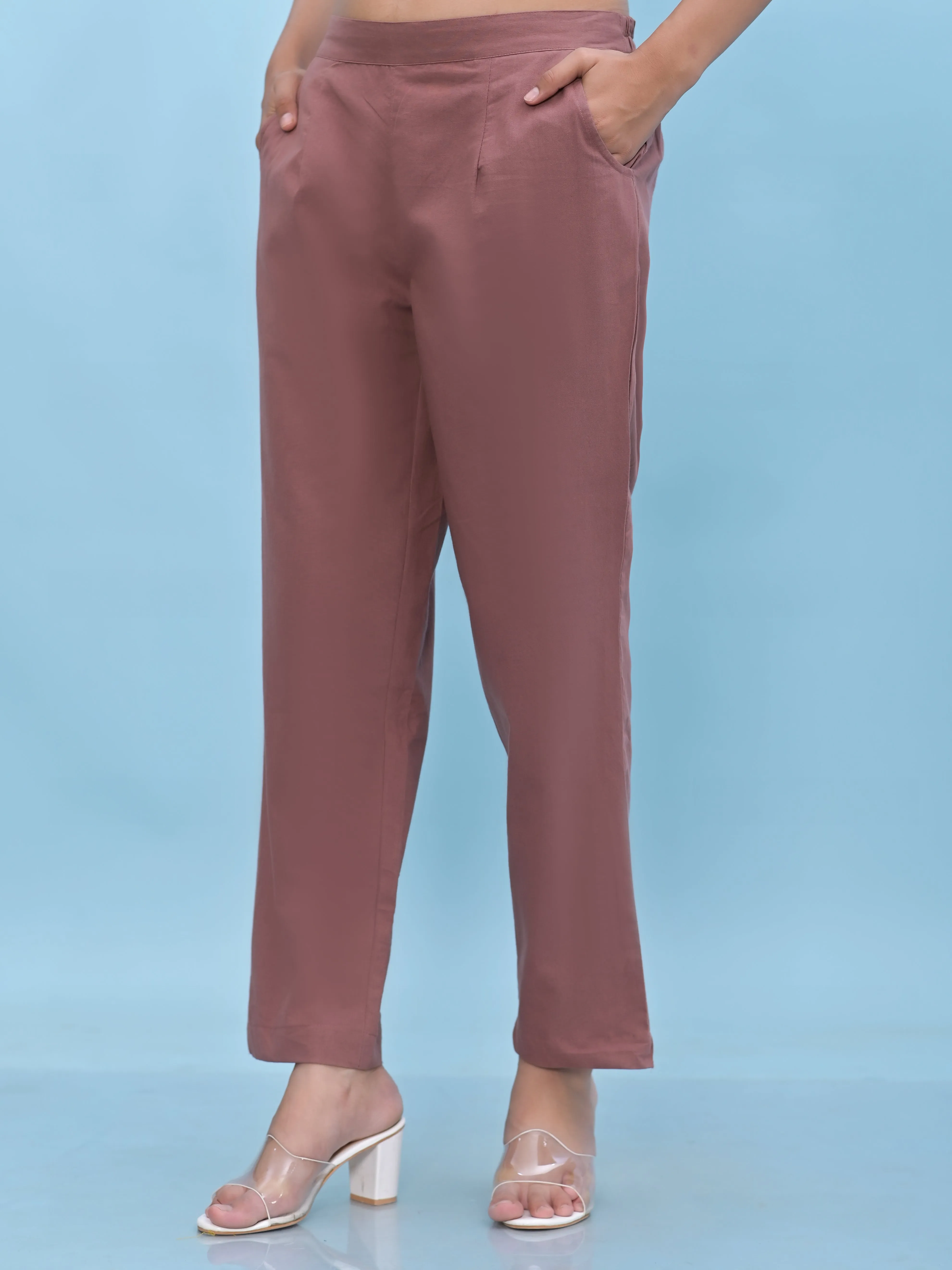 Jashvi Jashvi Women Mauve Solid Cotton Pants with Partially Elasticated Waistband and Two Side Pockets