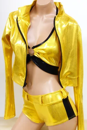 Killer Assassin Set with Jacket, Soft Bra Top, and Low-rise Shorts in Metallic Yellow