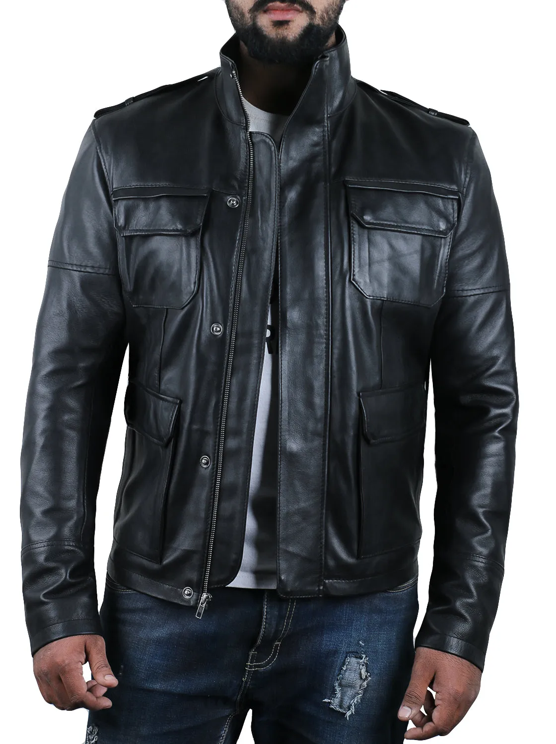 Leather Jackets Hub Mens Genuine Lambskin Leather Jacket (Black, Field Jacket) - 1501287