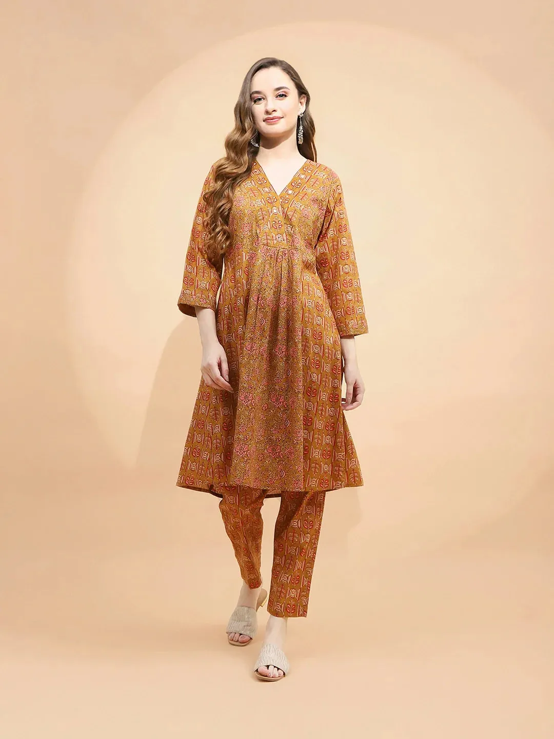 Light Brown Cotton Regular Fit Tunic Set For Women