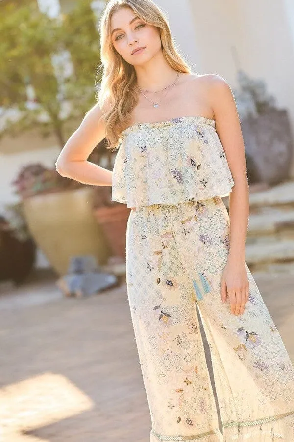 Light Sage Green Tube Top With Tier Ruffle Waist Elastic Bottom Lace Trim Jumpsuit_