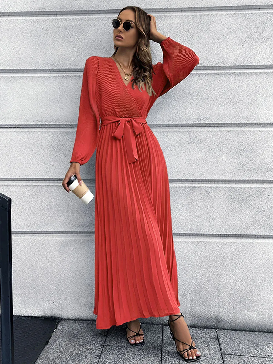 Long Sleeves V Neck Pleated Skirt Solid Color Boho Dress with Belt