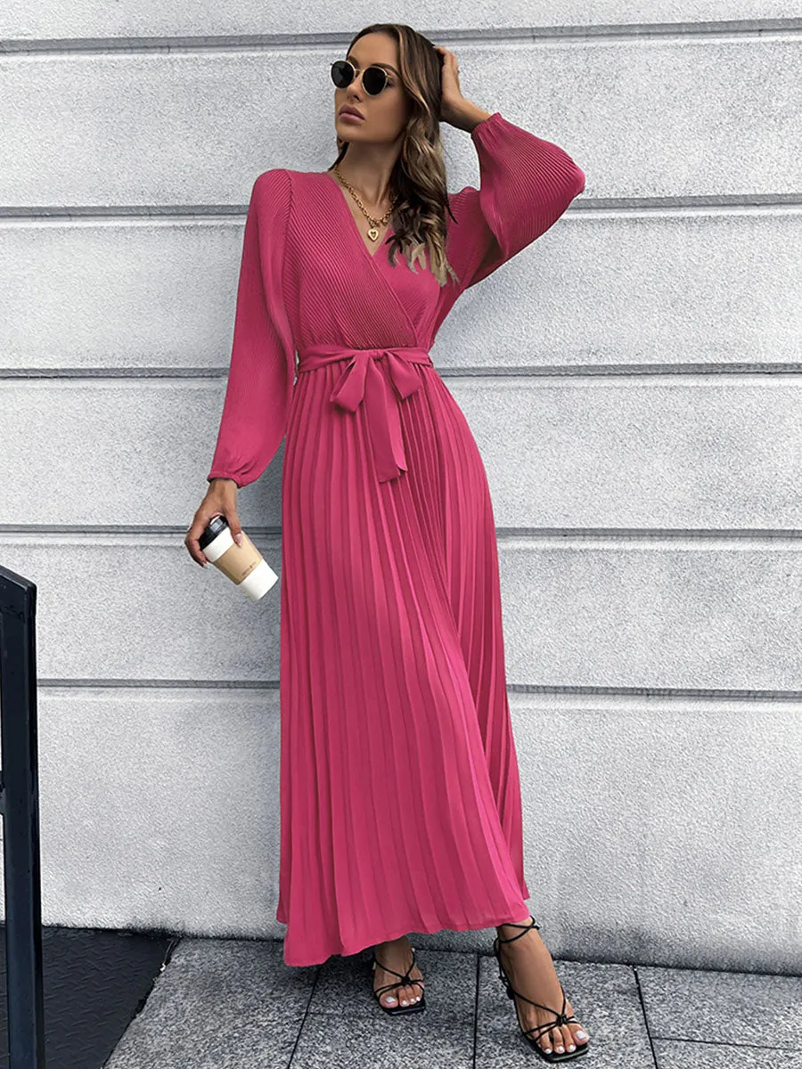 Long Sleeves V Neck Pleated Skirt Solid Color Boho Dress with Belt