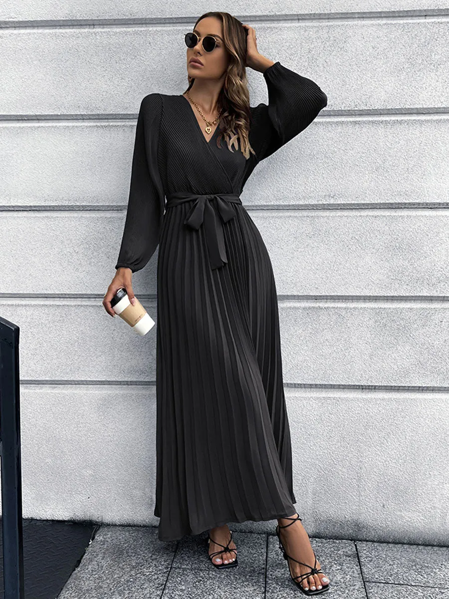 Long Sleeves V Neck Pleated Skirt Solid Color Boho Dress with Belt