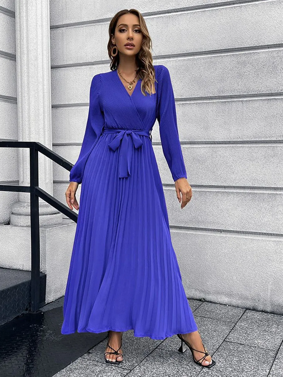 Long Sleeves V Neck Pleated Skirt Solid Color Boho Dress with Belt