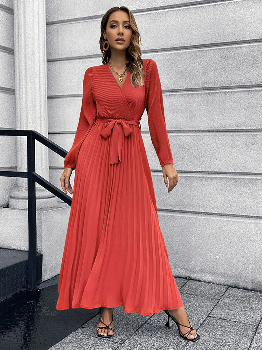 Long Sleeves V Neck Pleated Skirt Solid Color Boho Dress with Belt