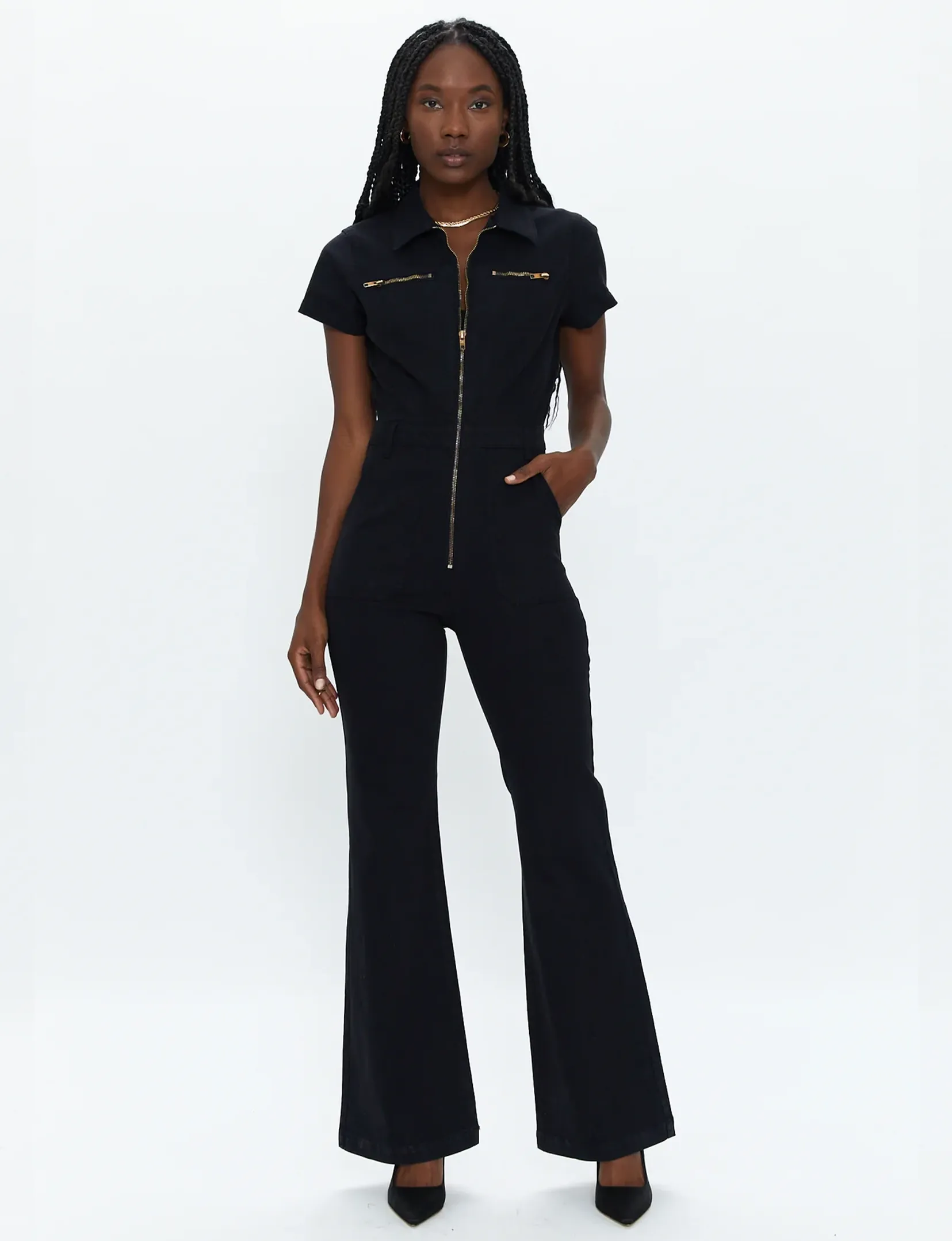 Martina Short Sleeve Flare Jumpsuit, Black