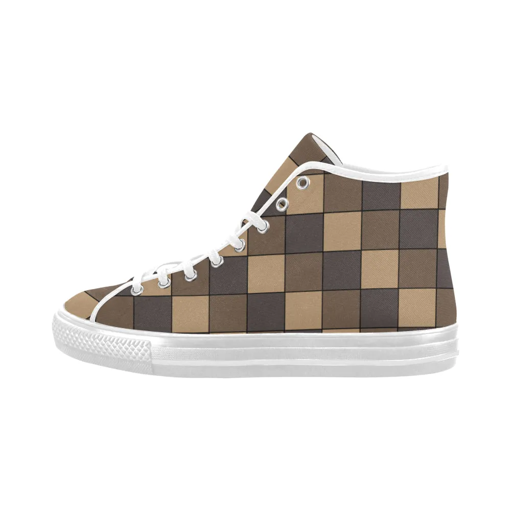 Men's Brown Monochrome Checks Print High Top Canvas Shoes