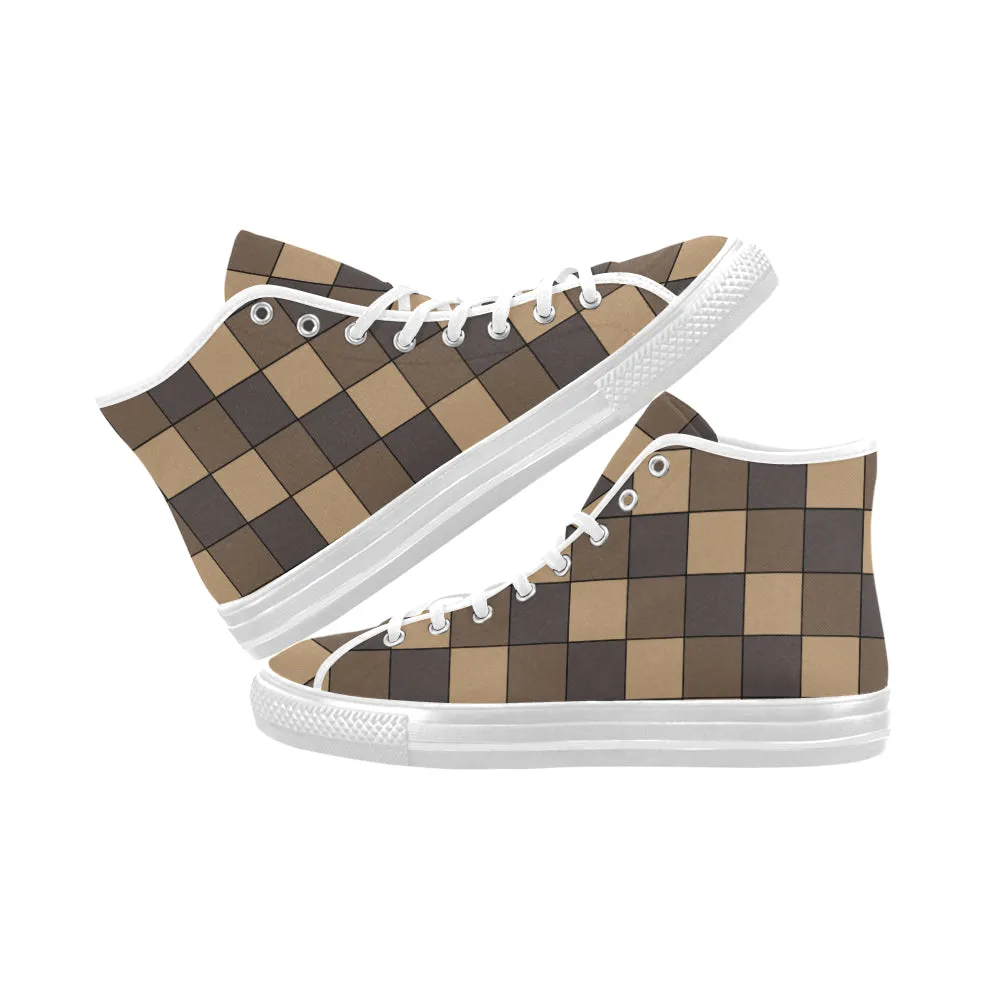 Men's Brown Monochrome Checks Print High Top Canvas Shoes