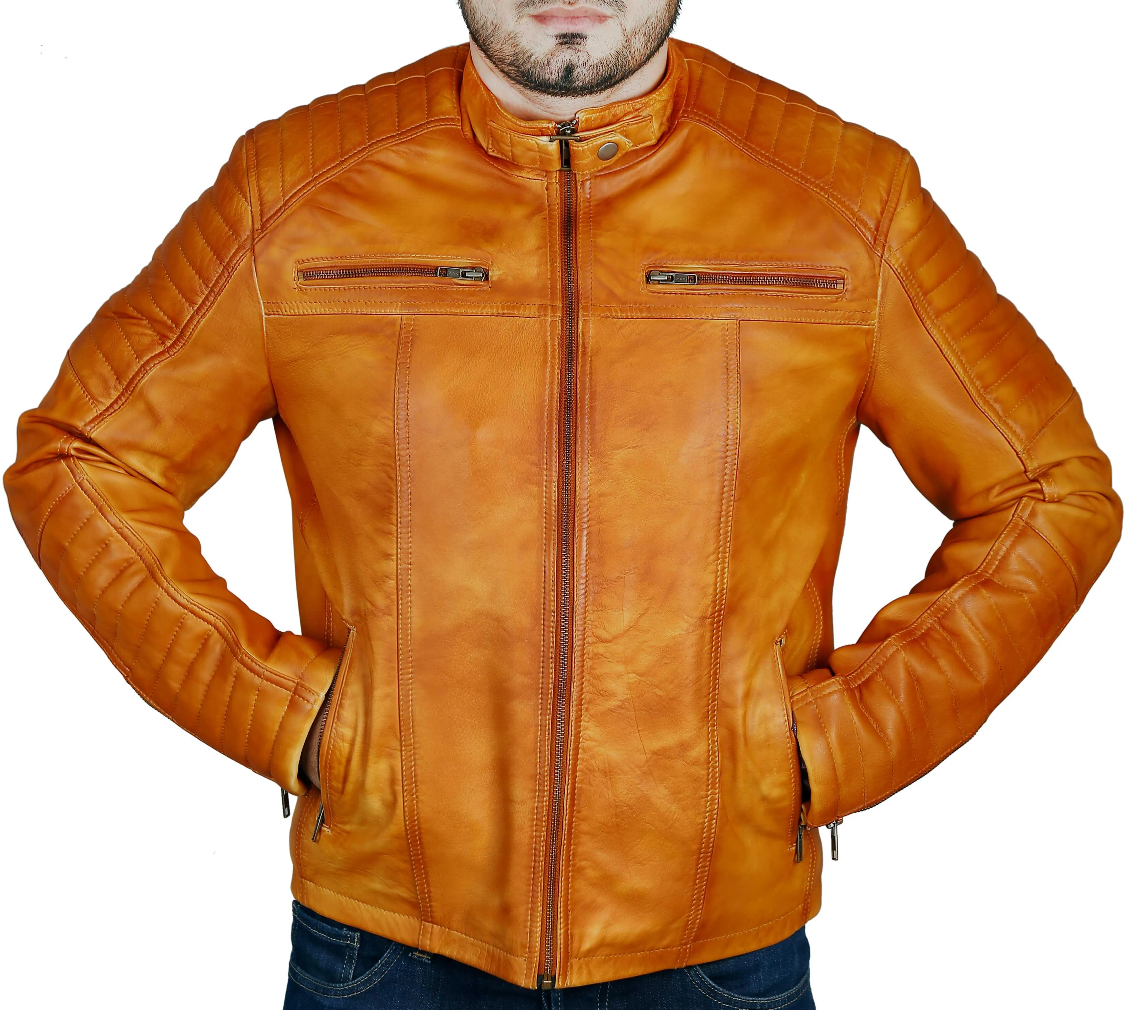 Men's Elite Herran Biker Motorcycle Distressed Golden Brown Leather Jacket