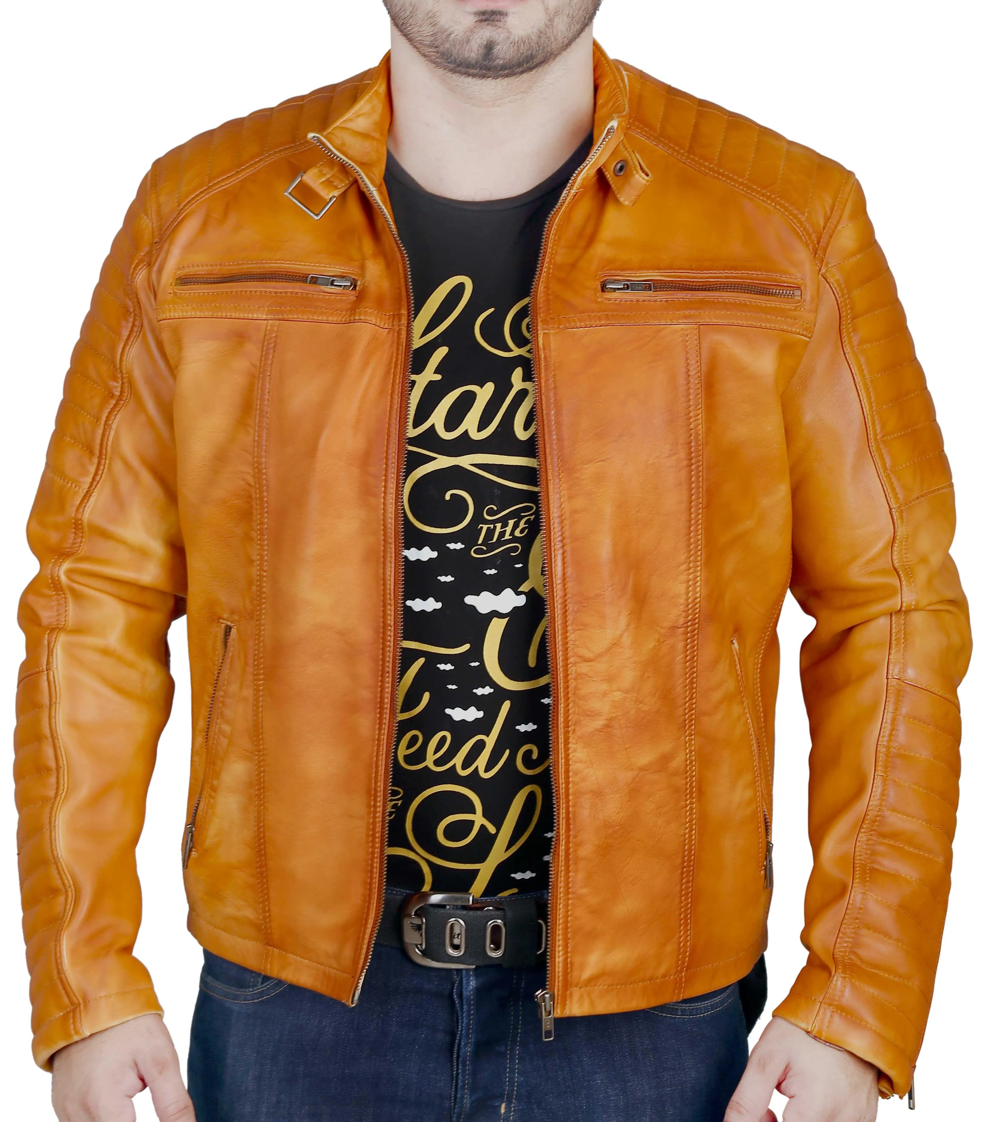 Men's Elite Herran Biker Motorcycle Distressed Golden Brown Leather Jacket