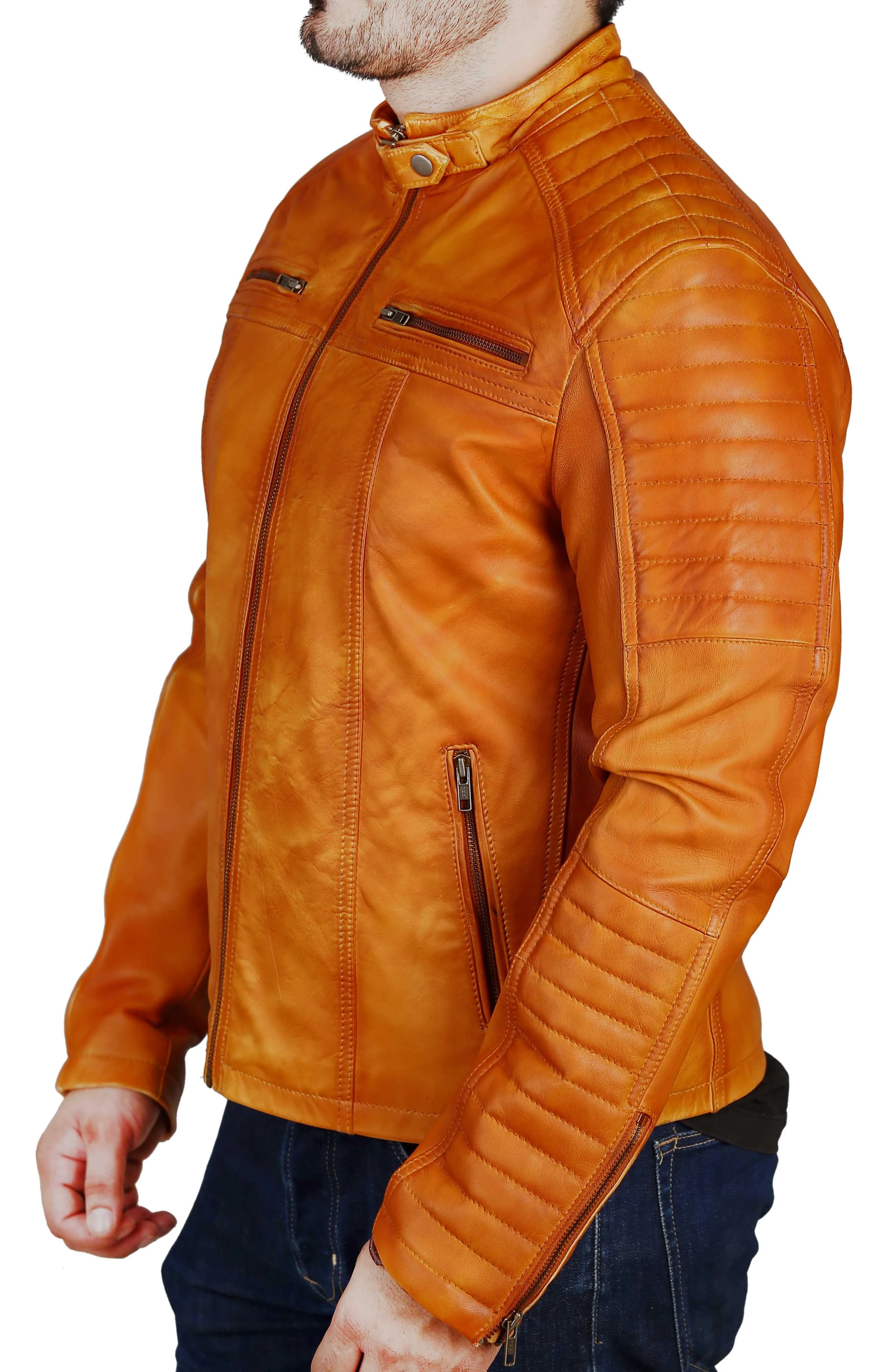 Men's Elite Herran Biker Motorcycle Distressed Golden Brown Leather Jacket