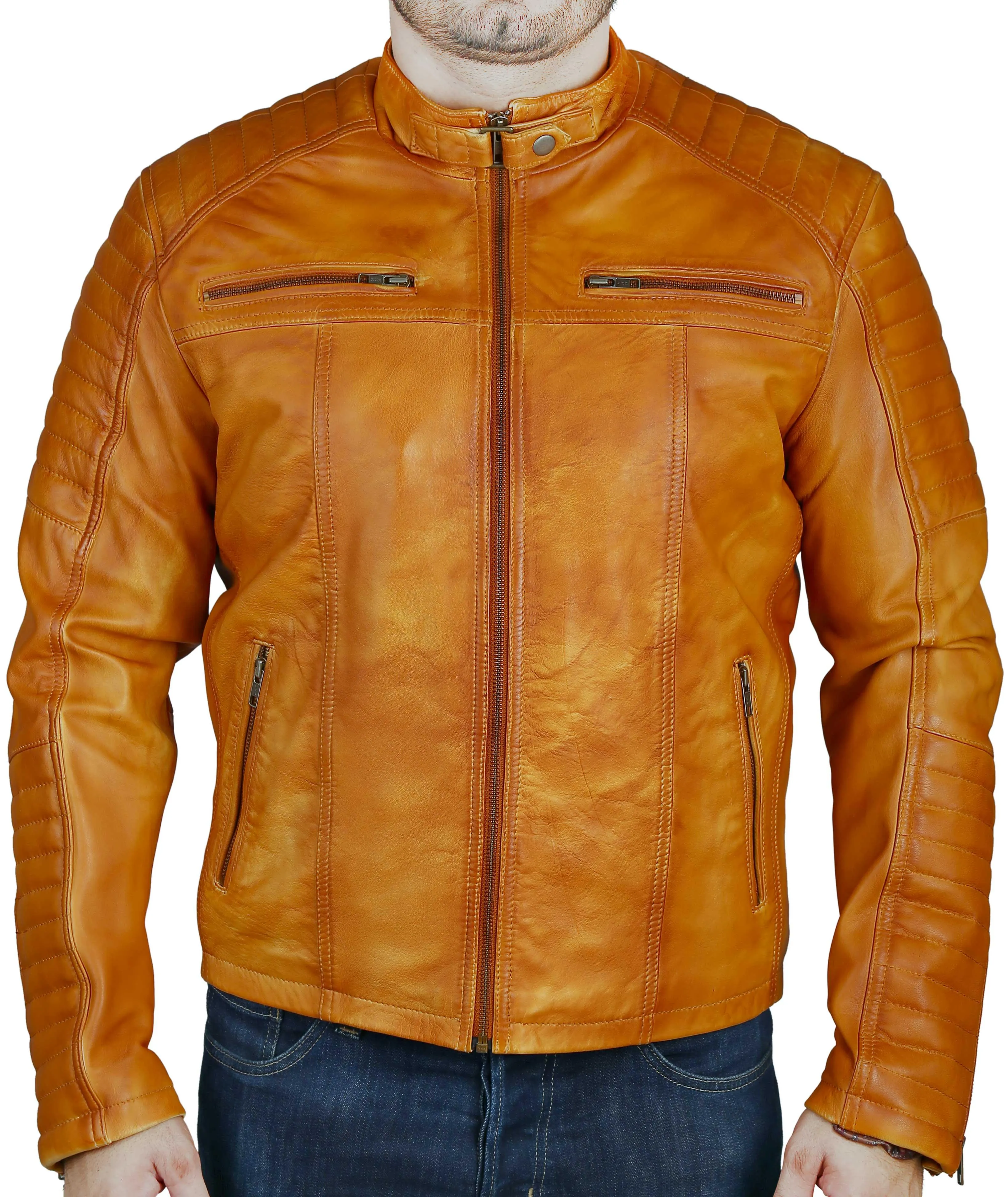 Men's Elite Herran Biker Motorcycle Distressed Golden Brown Leather Jacket