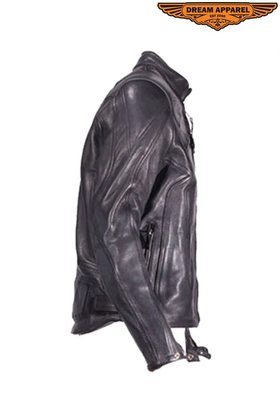 Mens Leather Racer Jacket With Racer Collar