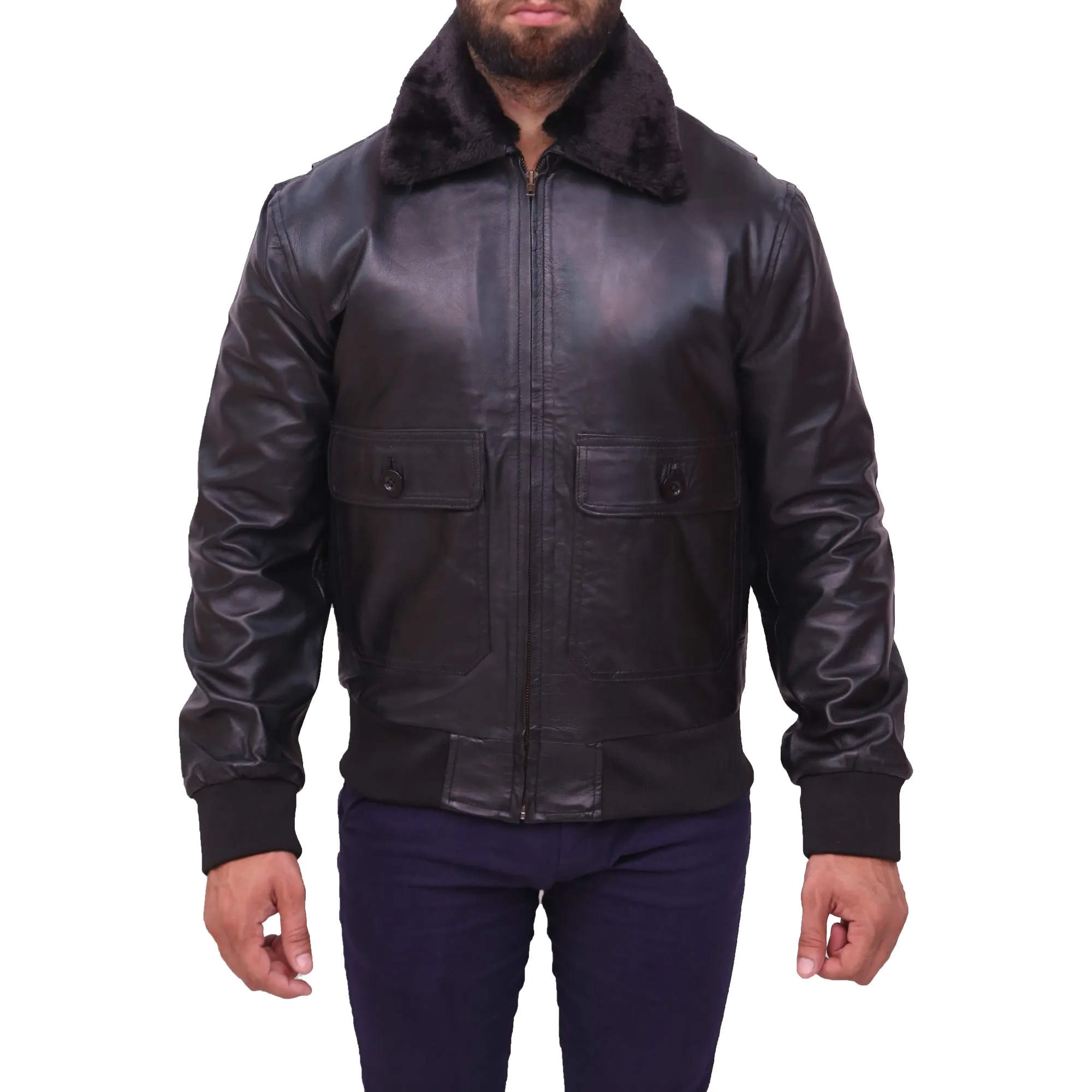 Men's US Navy G1 Black Bomber Fur Collar Sheepskin Leather Jacket