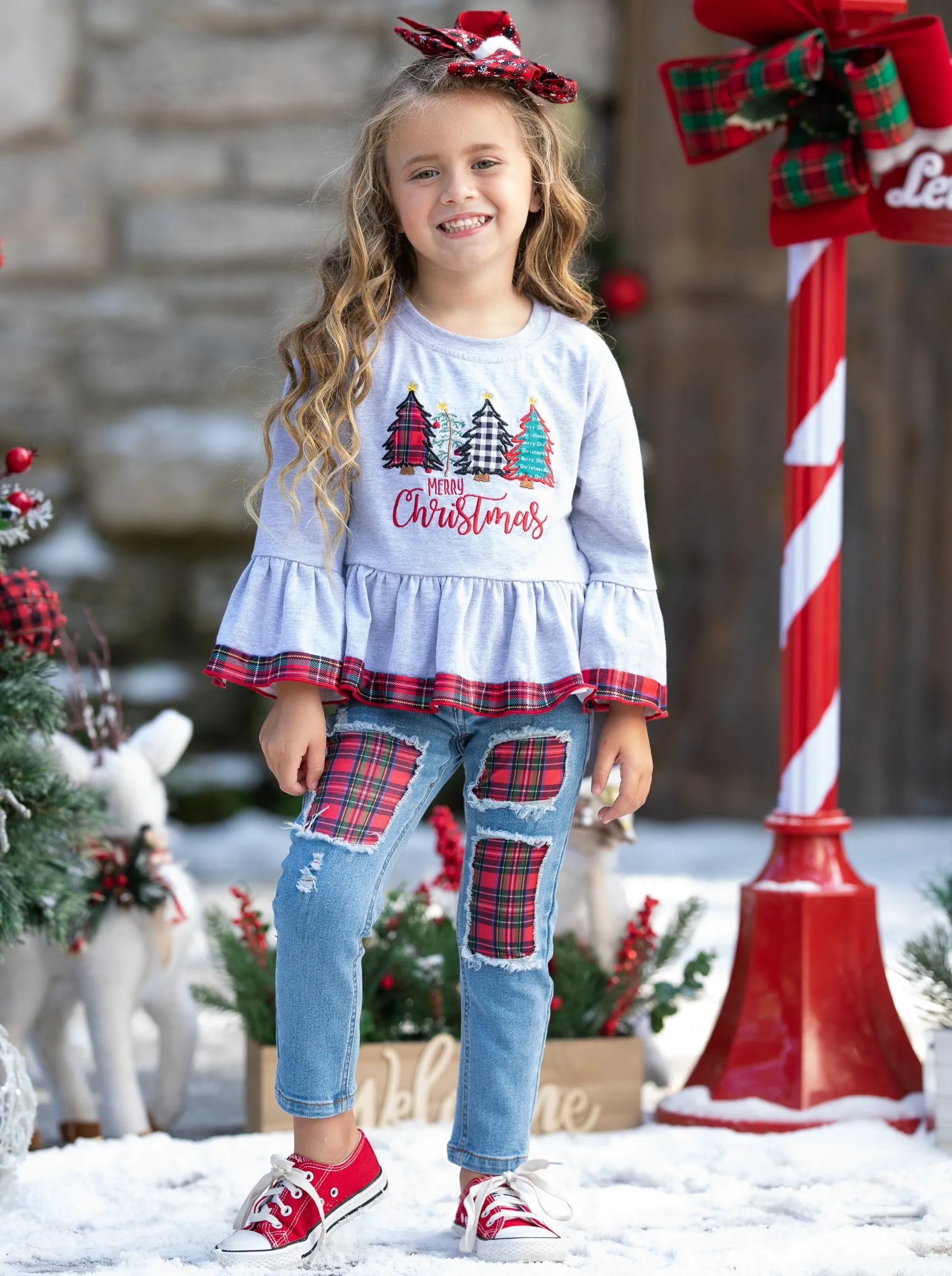 Merry Christmas Plaid Patched Jean Set