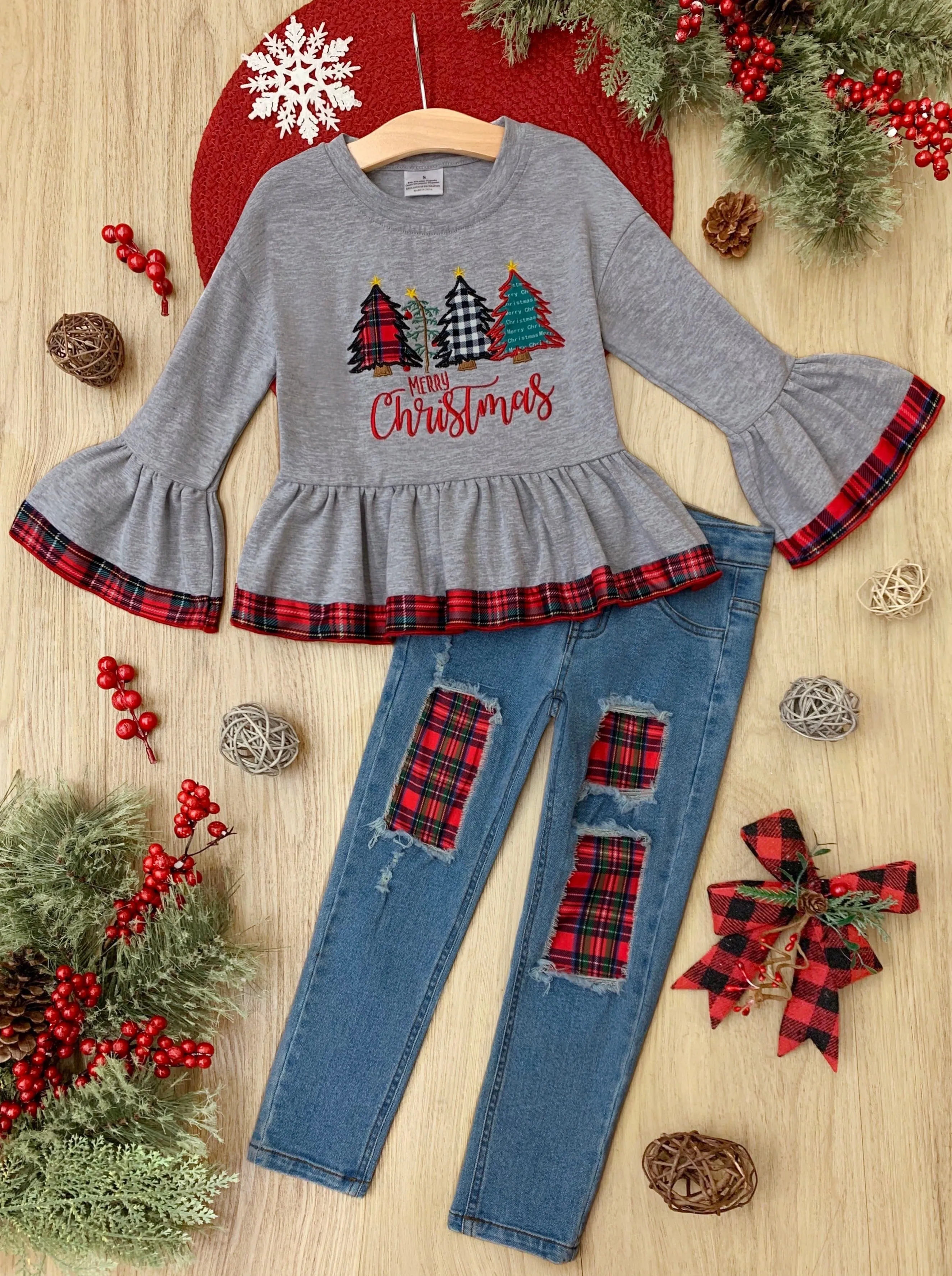 Merry Christmas Plaid Patched Jean Set