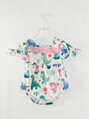 Multicolor Dinosaurs Lace Baby Girl Romper