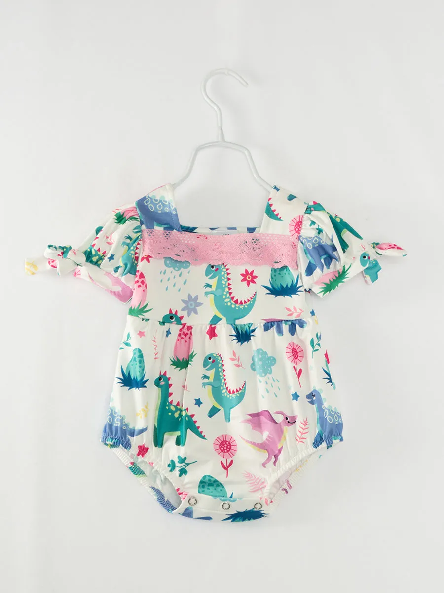 Multicolor Dinosaurs Lace Baby Girl Romper