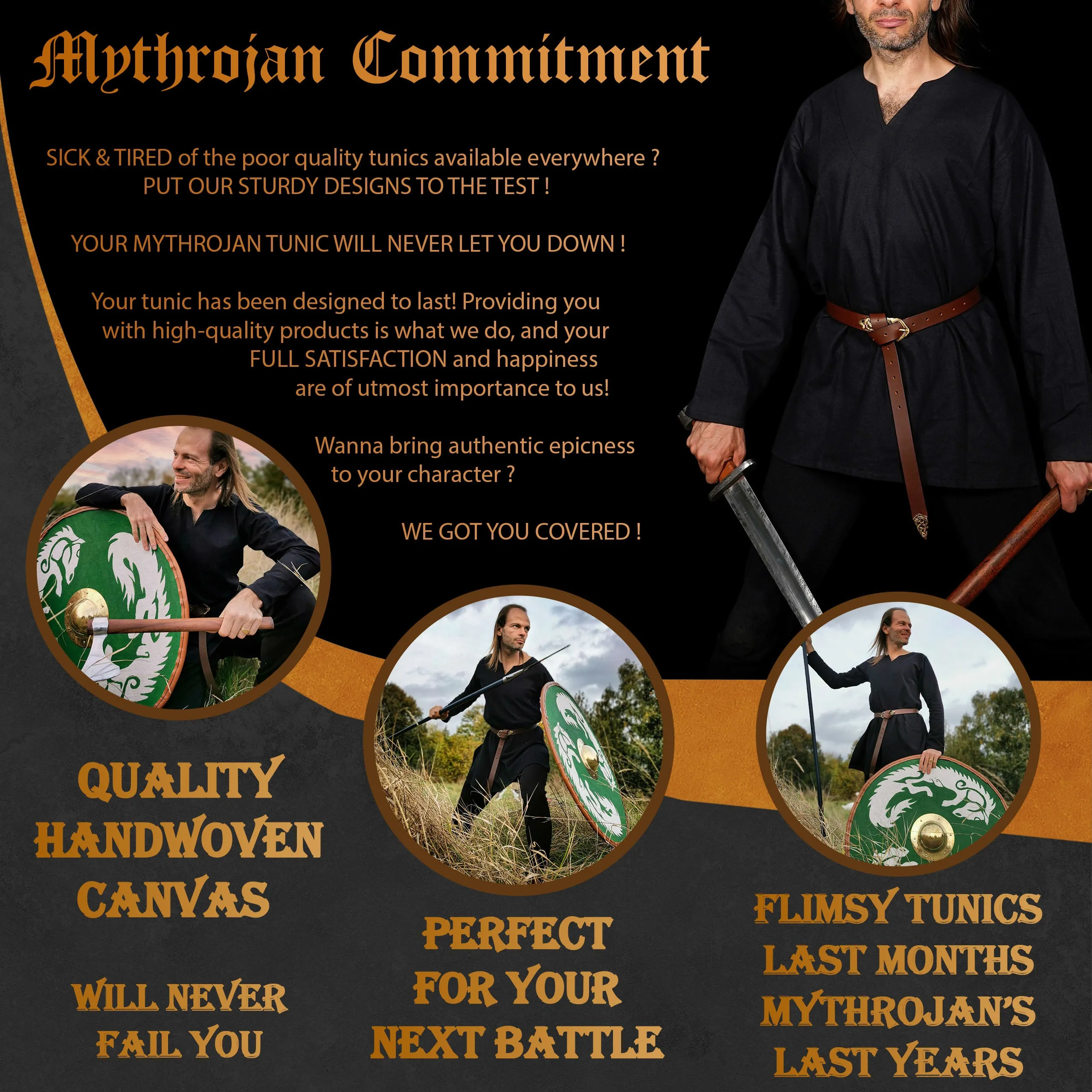 Mythrojan “Raider” Canvas Tunic 100% Cotton Medieval Viking Knight SCA LARP - Black