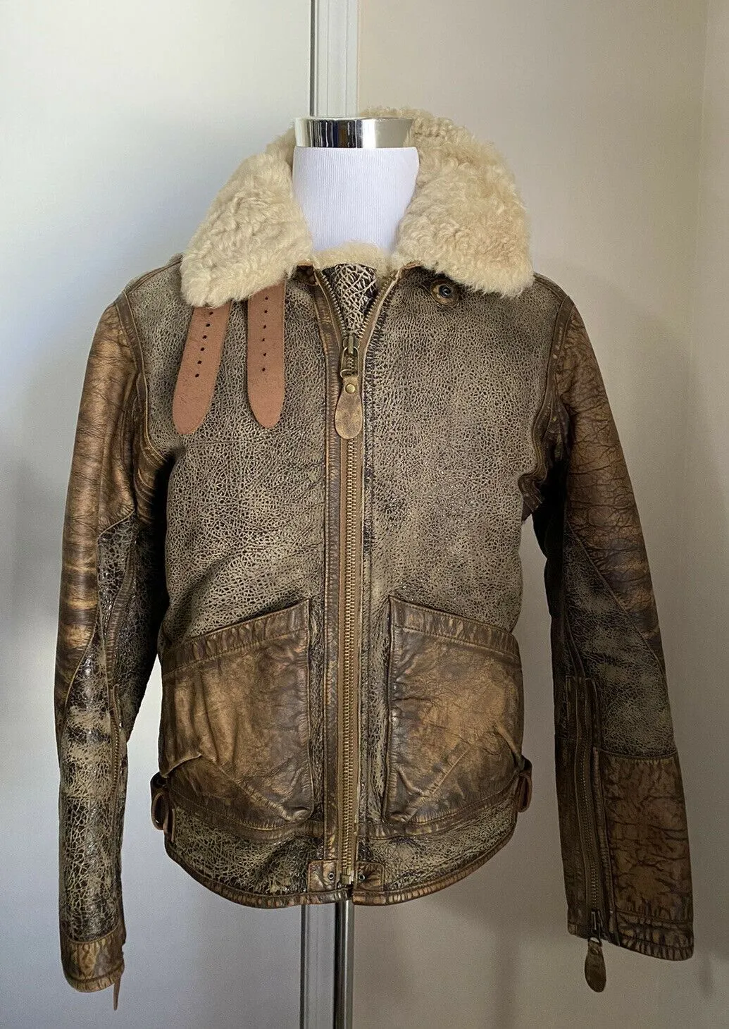 New $2498 Ralph Lauren Icelandic Shearing Collar Leather Bomber Jacket Brown M