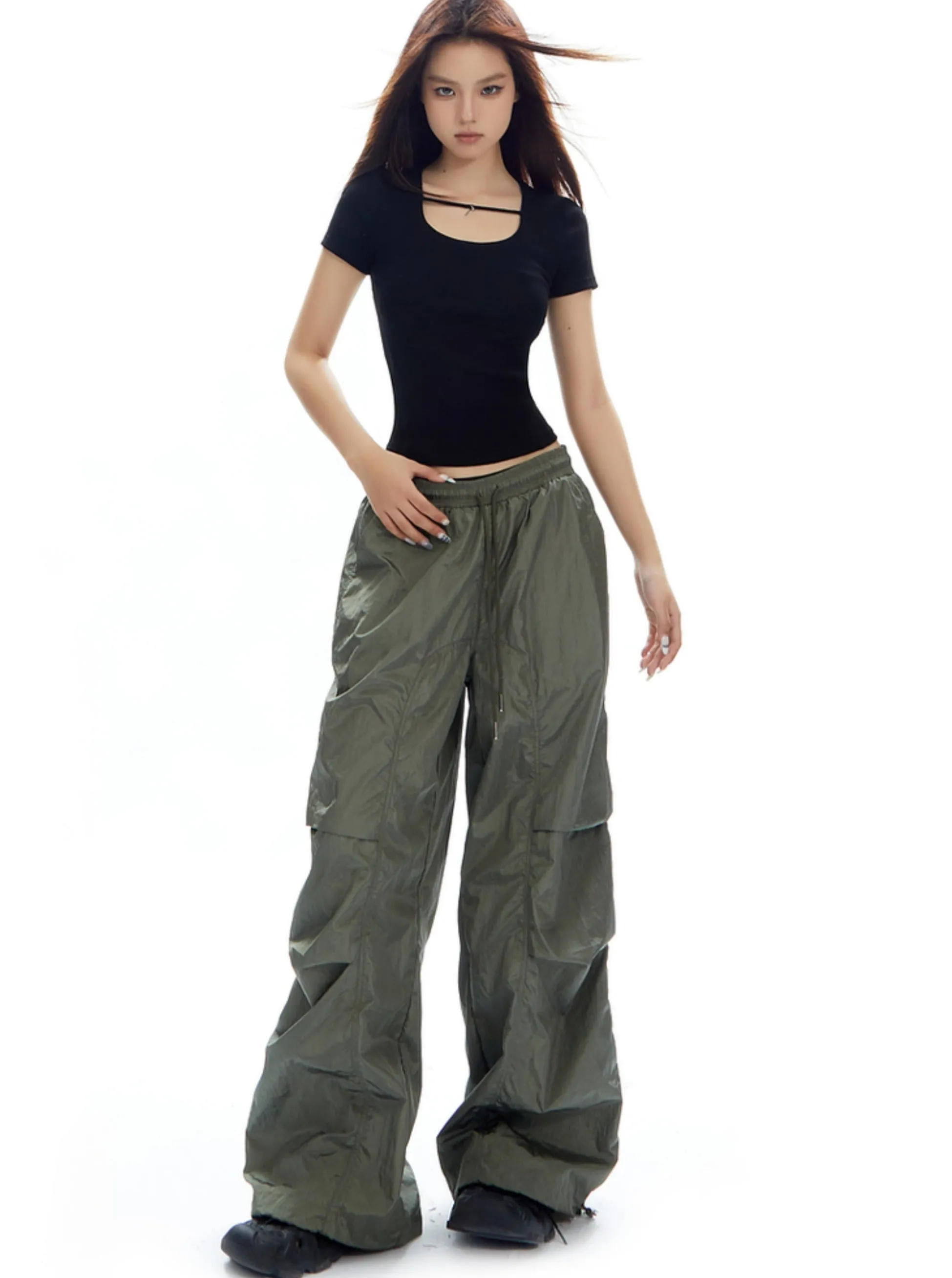 Oversized Olive Green Parachute Pants