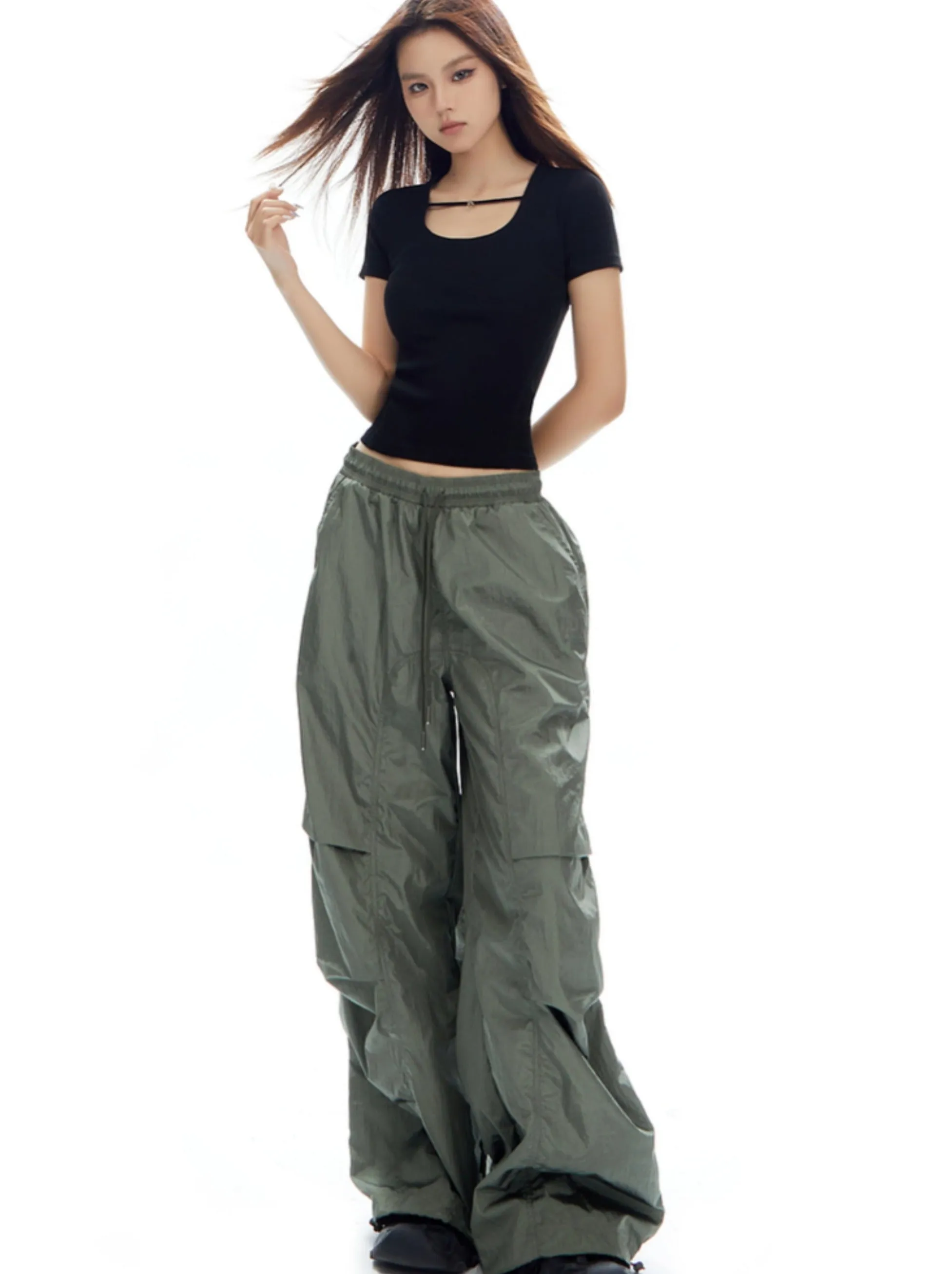 Oversized Olive Green Parachute Pants